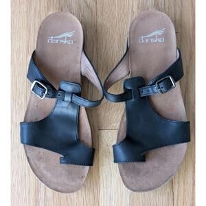 DANSKO Remi Black Waxy Burnished Leather Toe-Loop Memory Footbed Sandals 37